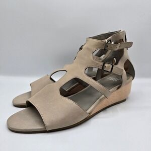 Eileen Fisher Wedge Sandals Leather Open Toe Ankle Strap Beige Size 9